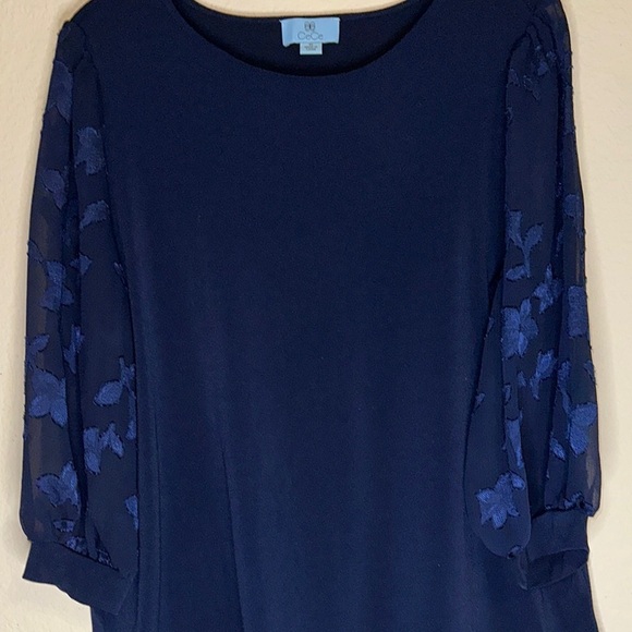 CeCe Tops - Elegant Navy Blue Dress with Sheer Sleeves